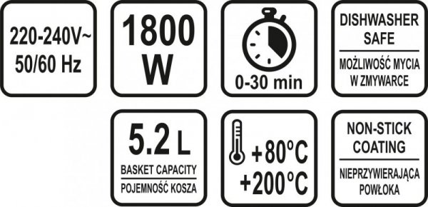 FRYTKOWNICA BEZTŁUSZCZOWA 1800W, 5.2L. (1 SZT)