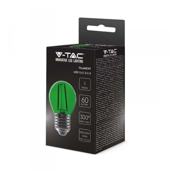 Żarówka LED V-TAC 2W Filament E27 Kulka G45 Kolor VT-2132 Kolor Zielony 60lm