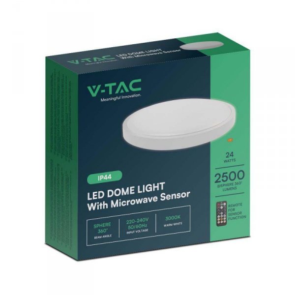 Plafon V-TAC 24W LED Okrągły 29cm Natynkowy Pilot Czujnik Ruchu IP44 Biały VT-8624S 4000K 2500lm