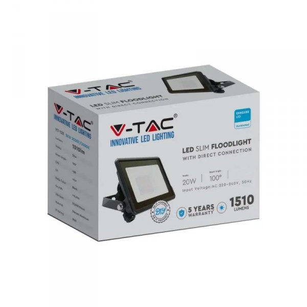 Projektor LED V-TAC 20W SAMSUNG CHIP Czarny Z MUFĄ VT-128 6400K 1510lm 5 Lat Gwarancji