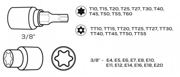 Bity Torx 3/8&quot;, zestaw 34 szt.