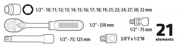 Klucze nasadowe 1/2&quot;, zestaw 21 szt.