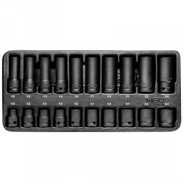 Nasadki udarowe 1/2&quot;, 10-24 mm, zestaw 20 szt., wkładka