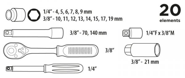 Zestaw kluczy nasadowych 1/4&quot;, 3/8&quot;, 20 szt.