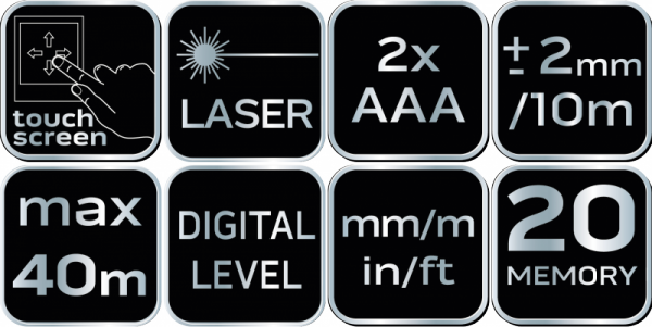 Dalmierz laserowy, zasięg 40 m, ekran dotykowy
