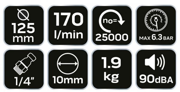 Szlifierka kątowa pneumatyczna 125 mm, 11 000 obr.-1