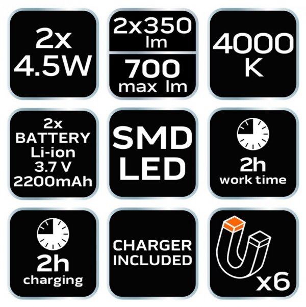 Lampa warsztatowa akumulatorowa 2x350 lm rozkładana SMD