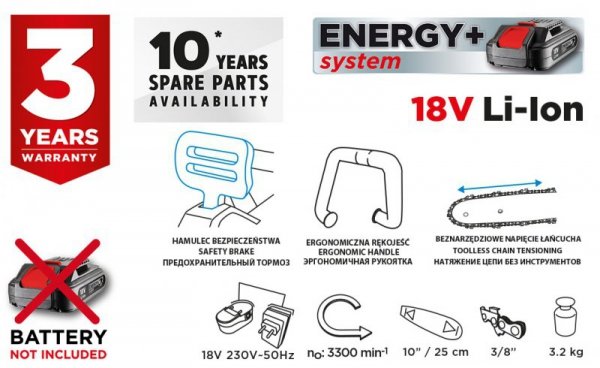 Pilarka łańcuchowa aku Energy+ 18V Li-Ion, prowadnica 10&quot; (250mm), bez akumulatora