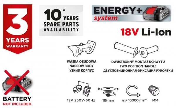 Szlifierka kątowa akumulatorowa Energy+ 18V, Li-Ion, tarcza 115 x 22.2 mm, bez akumulatora