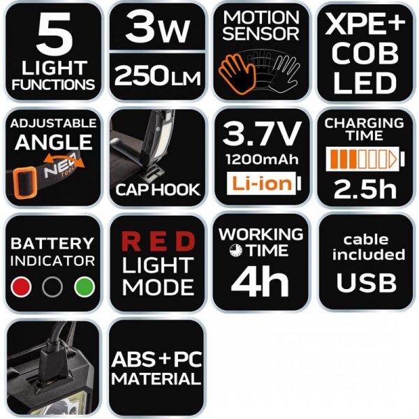 Latarka czołowa akumulatorowa USB 250 lm COB LED + czujnik ruchu