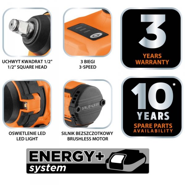 Klucz udarowy bezszczotkowy 18V, 350Nm, ½”, compact, Energy+, bez akumulatora