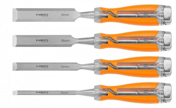 Dłuta 6, 12, 18, 24, zestaw 4 szt. Uchwyt dwukomponentowy. Pakowane w etui