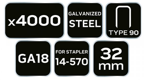 Zszywki galwanizowane do zszywacza pneumatycznego (14-570), GA18, Typ 90 (4K), długość 32 mm, 4000 s