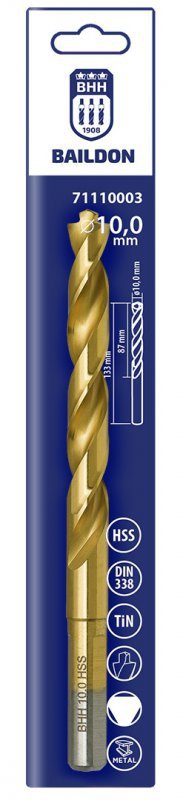 Wiertło do metalu Baildon DIN 338 RN 10 mm, HSS TiN (S), 133-87 mm (chwyt 3-płaszczyznowy)