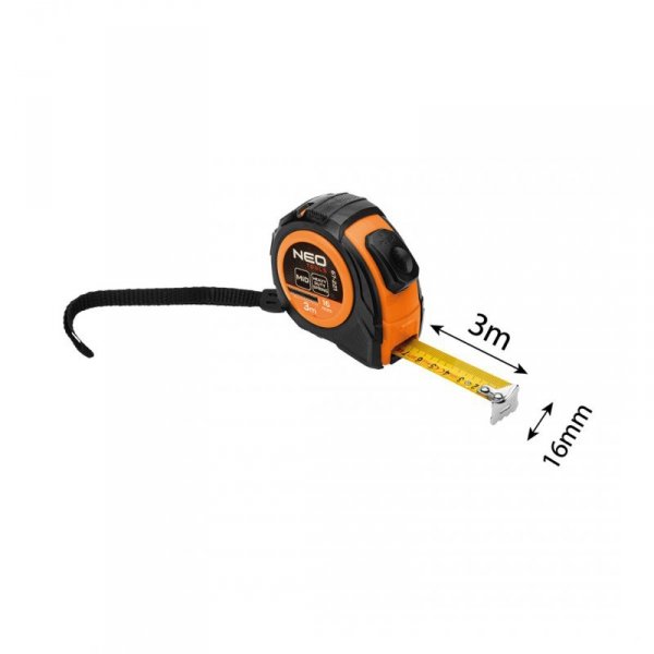Miara zwijana stalowa 3 m x 16 mm, auto blokada, dwa przyciski stop