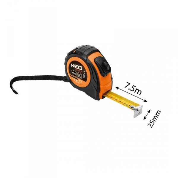 Miara zwijana stalowa 7,5 m x 25 mm, auto blokada, dwa przyciski stop