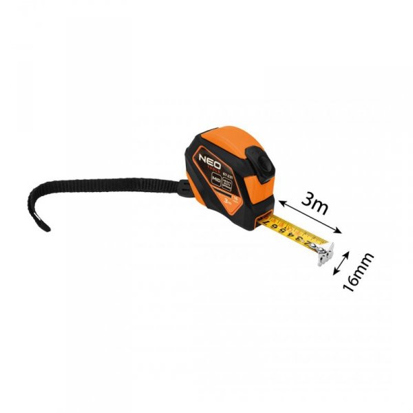 Miara zwijana stalowa 3 m x 16 mm, auto blokada, przycisk stop, magnes