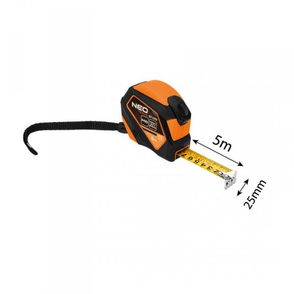 Miara zwijana stalowa 5 m x 25 mm, auto blokada, przycisk stop, magnes