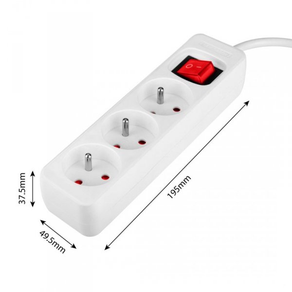Przedłużacz listwowy 1.5m, 3x1.5mm2, 3G, biały, ON/OFF