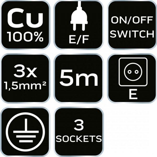 Przedłużacz listwowy 5m, 3x1.5mm2, 3G, biały, ON/OFF