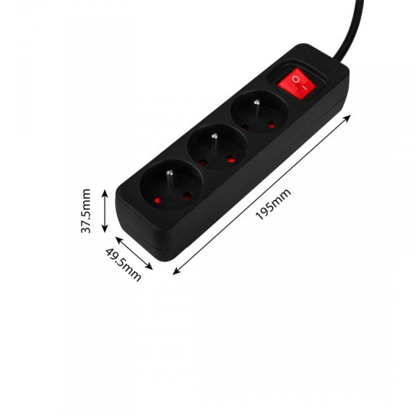 Przedłużacz listwowy 3m, 3x1.5mm2, 3G, czarny, ON/OFF