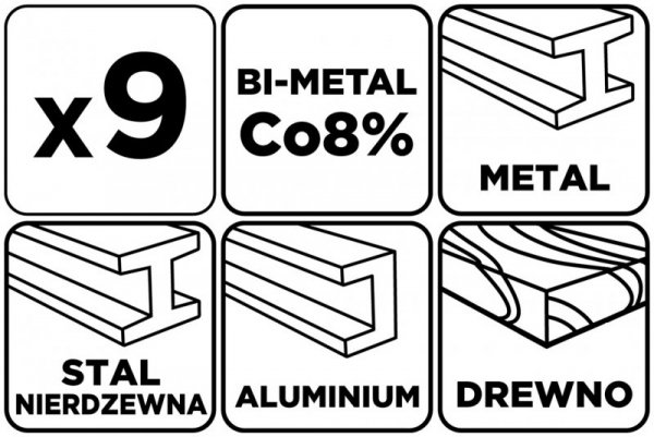 Otwornice bi-metalowe Co8% (19, 25, 30, 35, 40, 68 mm), zestaw 9 el.