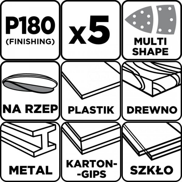 Papiery ścierne na rzep, żelazko 102 x 152 mm, P180, 5 szt., z 11 otworami