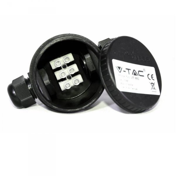 Puszka Złączka Mufa Hermetyczna Czarna 3Pin 24A AC:450V Średnica kabla 5-9mm IP66 V-TAC VT-881 2 Lata Gwarancji