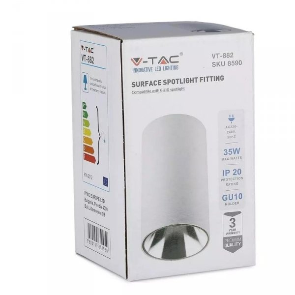 Oprawa Sufitowa V-TAC GU10 Okrągła Natynkowa Tuba Biały+Chrom 80x140mm VT-882 3 Lata Gwarancji