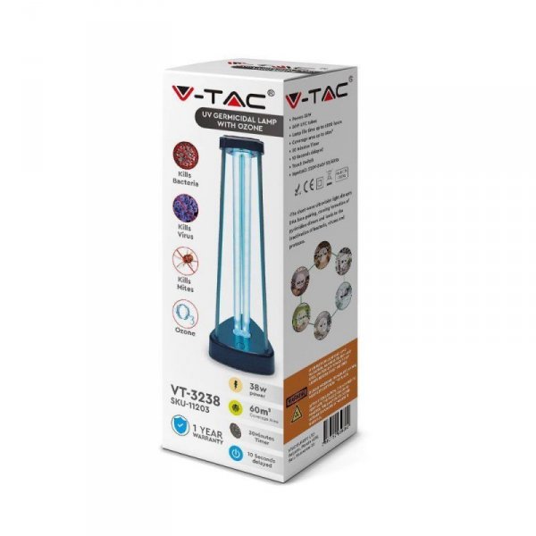 Lampa Bakteriobójcza Wirusobójcza 38W 60m2 UVC OZON V-TAC VT-3238 2 Lata Gwarancji