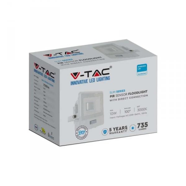 Projektor LED V-TAC 10W SAMSUNG CHIP Czujnik Ruchu Biały Z MUFĄ VT-118S 6500K 735lm 5 Lat Gwarancji