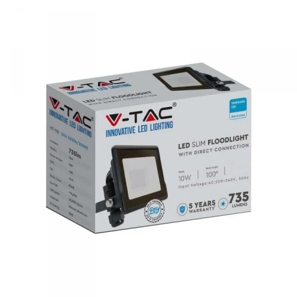 Projektor LED V-TAC 10W SAMSUNG CHIP Czarny Z MUFĄ VT-118 6400K 735lm 5 Lat Gwarancji