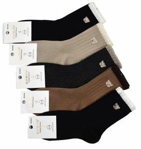 Damskie skarpety klasyczne–5 par z haftem misia i ozdobną lamówką 38-41