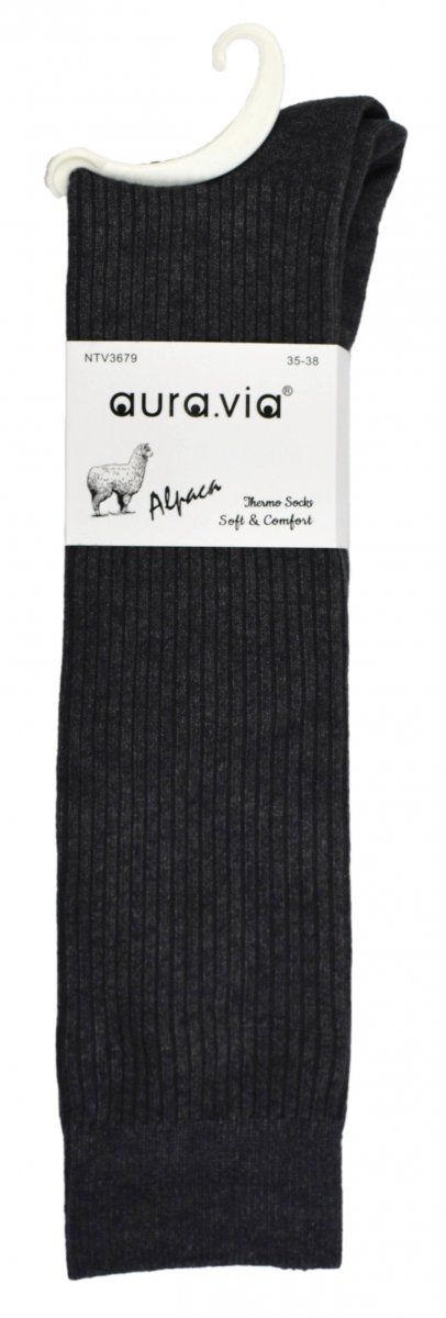 Ciepłe i eleganckie: grafitowe podkolanówki z 30% alpaką. Stabilny ściągacz, miękka struktura i oddychalność gwarantują komfort przez cały dzień. Idealne do codziennych stylizacji.