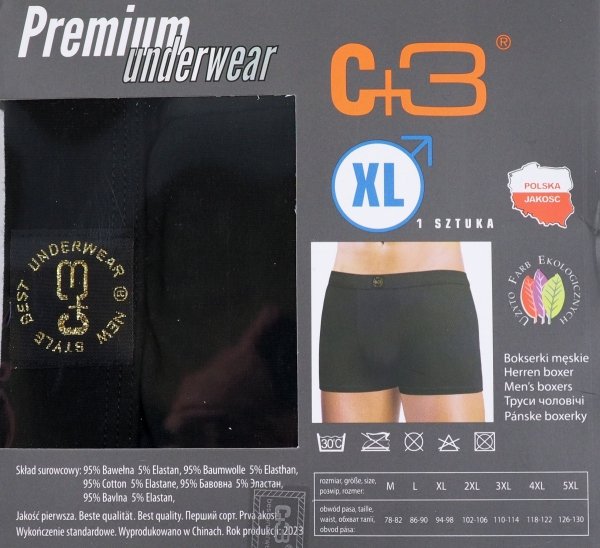 Czarne bokserki męskie, jakość firmy C+3 roz XL, wysoka zawartość bawełny.