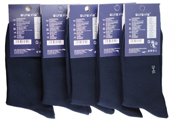Garnturowe skarpetki męskie z wysoką zawartością bawełny, zestaw pięciu par w kolorze granatowym. Wykonane przez firmę Aura.Via w rozmiarze 39-42 model FX277