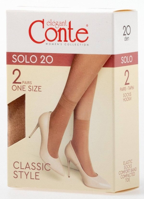 Cienkie skarpetki damskie Conte SOLO 20 – przezroczyste, komfortowe, z elastycznym wykończeniem i wzmocnionymi palcami.