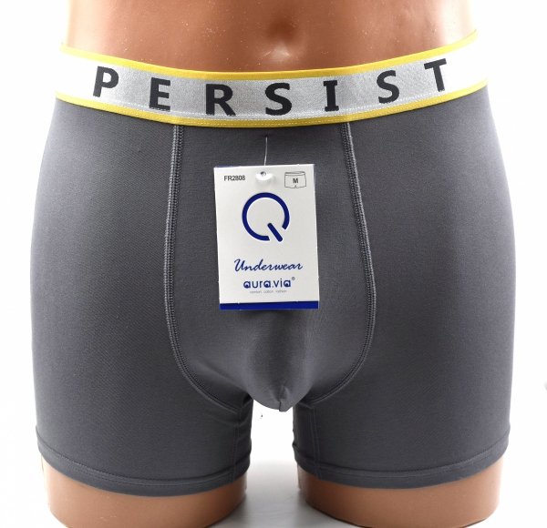 Bokserki męskie Aura.Via PERSIST–szare,bawełniane,srebrny pas z żółtą lamówką,M