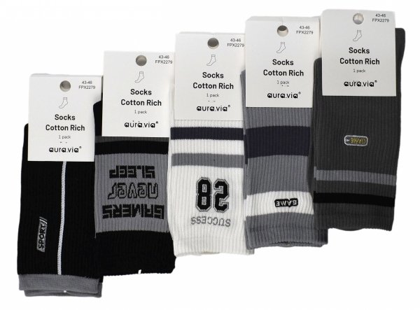 Skarpety męskie Auravia w sportowym stylu z elementami dla graczy zapewniają komfort przez cały dzień. Bawełna, elastyczność i modne wzory czynią je świetną propozycją dla młodzieży.