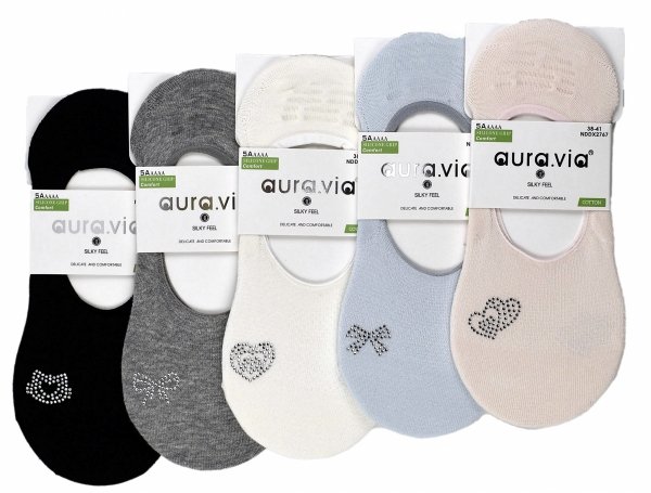Skarpetki damskie typu stopki Aura.via – 5 par bawełnianych stopek z ozdobami z cyrkonii, z silikonowym paskiem zapobiegającym zsuwaniu, idealne do balerin i niskiego obuwia