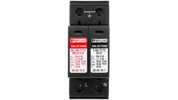 Ogranicznik przepięć Typ T1+T2 Typ T1+T2 12,5kA 1,2kV 240V AC VAL-MS-T1/T2 335/12.5/1+1 2800187