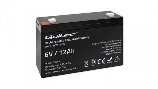 Qoltec Akumulator AGM 6V 12Ah Bezobsługowy Wydajny LongLife do UPS, wagi, kasy