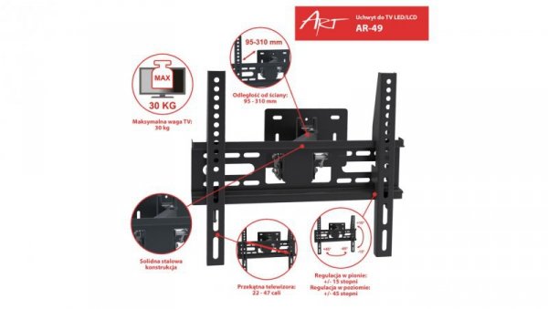 UCHWYT DO TV LCD/LED 22-47 30KG AR-49 ART reg. pion i poziom