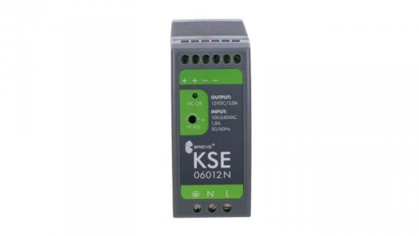 Zasilacz impulsowy KSE 06012P 230/ 12VDC 5,0A 60W na szynę DIN, Uzas: 85-264VACVAC, Ta70, 18912-9989