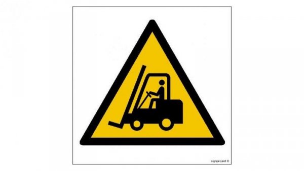 ZNAK - GD014 Ostrzeżenie przed urządzeniami do transportu poziomego 10 x 10 cm PS - Płyta 1mm foto.