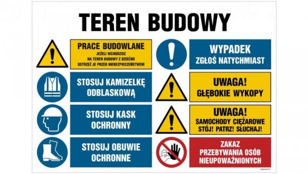 ZNAK - OI022 Teren budowy, Uwaga! Praca ciężkiego sprzętu 105 x 70 cm ON - Blacha ocynk