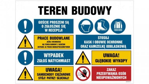 ZNAK - OI024 Teren budowy, Goście proszeni są o zgłoszenie się w reccepcji, Prace budowlane, jeżeli wchodzisz na 105 x 70 cm ON