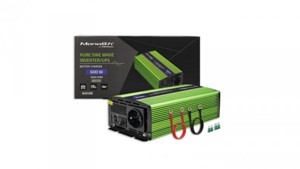 Qoltec Przetwornica napięcia Monolith ładowanie baterii UPS 300W 600W 12V na 230V Czysty Sinus