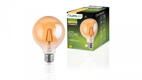 Żarówka LED E27 Dekoracyjna Kulista G95 6W 660lm 2000K Ciepła 360 Filament LUMILED Globe Amber