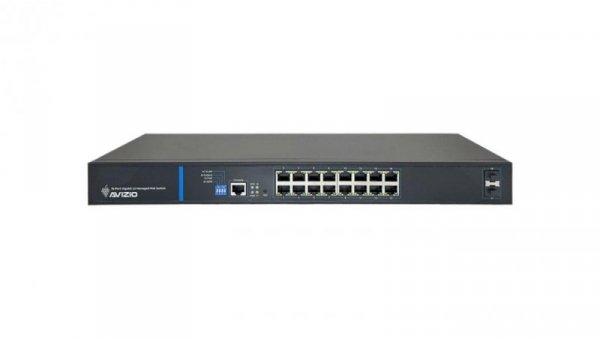 Zarządzalny przełącznik L2 (switch) 16 portów RJ45 PoE+ 1Gb/s + 2 porty SFP Uplink 1Gb/s + 1 port konsolowy RJ45 AVIZIO